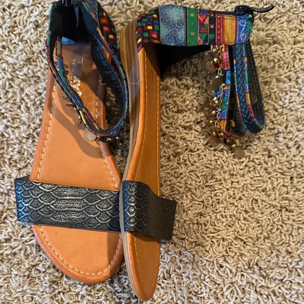 Boho Chic Women's Sandals with Black and Multicolor Accents